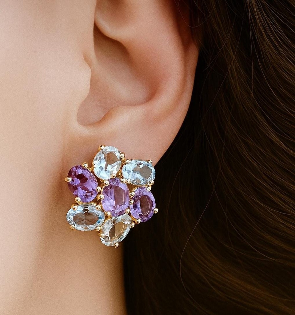 Preciosos PENDIENTES en forma de Flor de Aguamarinas y Amatistas en Oro amarillo de 18 k