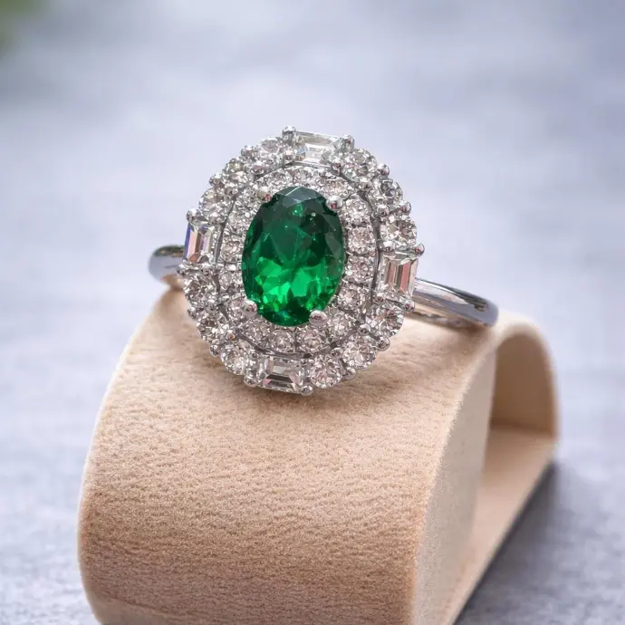 ANILLO ORO Blanco de 18 Kilates Rosetón de Esmeralda y Brillantes