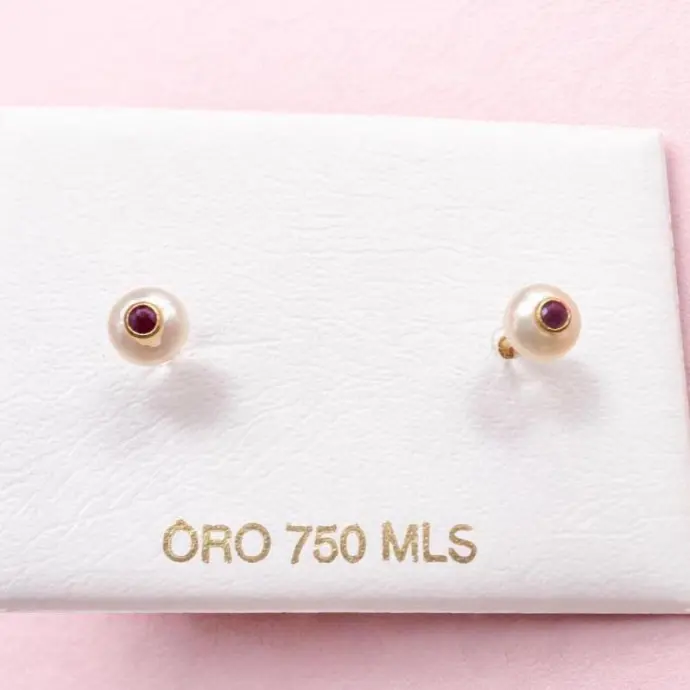 PENDIENTES De PERLAS Cultivas  de río Blancas con Rubí, palo y cierre de Oro Amarillo 18K, Pendiente de Oro con cierre de rosca