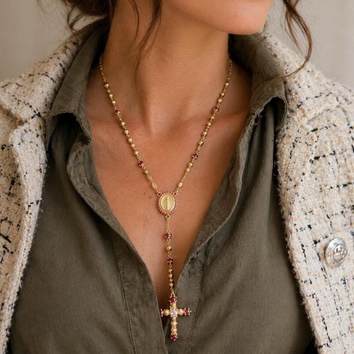 [Ro1] ROSARIO de ORO Amarillo 18K, circonita y ágata rojo y virgen de la milagrosa