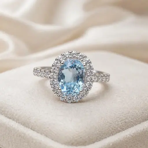 [P1115] Precioso ANILLO de Aguamarina Oval y Brillantes en Oro Blanco de 18 k