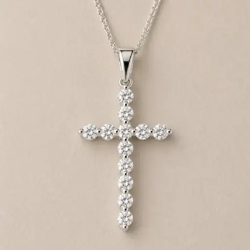 [Co 69] COLGANTE en forma de CRUZ de ORO Blanco de 18 kilates y Brillantes, Colgante religioso con 12 brillantes de 0.359 kilates en total